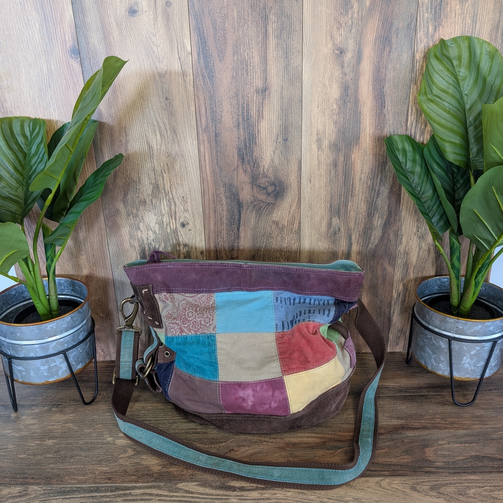 Lucky Brand Oversized Patchwork Suede Canvas Tote Vintage Adjustable Purse Bag - Picture 1 of 15